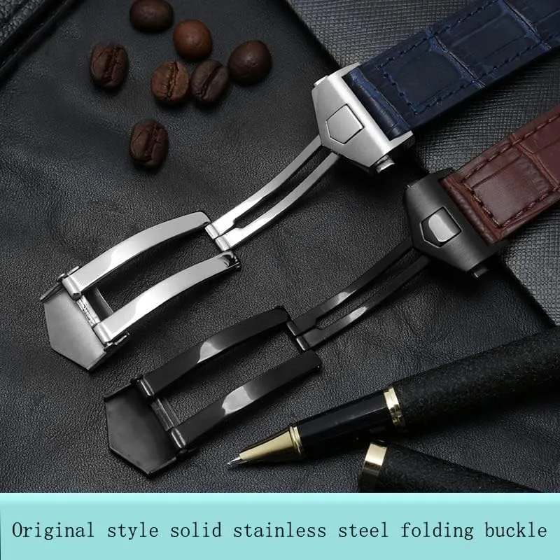 HaoLMi-19mm 20mm 22mm Genuine Cowhide Watch Band for TAG Heuer Carrera Lincoln Black Brown Folding Buckle Watch Strap Men