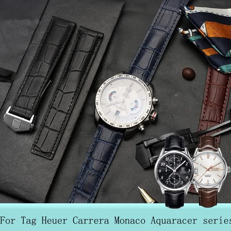 HaoLMi-19mm 20mm 22mm Genuine Cowhide Watch Band for TAG Heuer Carrera Lincoln Black Brown Folding Buckle Watch Strap Men