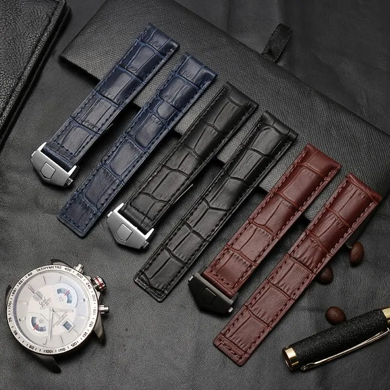 HaoLMi-19mm 20mm 22mm Genuine Cowhide Watch Band for TAG Heuer Carrera Lincoln Black Brown Folding Buckle Watch Strap Men
