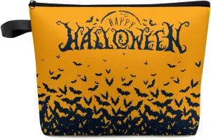 Happy Halloween Bats Groups Cosmetic Bags for Women, Pumpkin Carving Orange Small Makeup Bag for Purse, Waterproof Travel Toiletry Bag Accessories Organizer, 1PCS