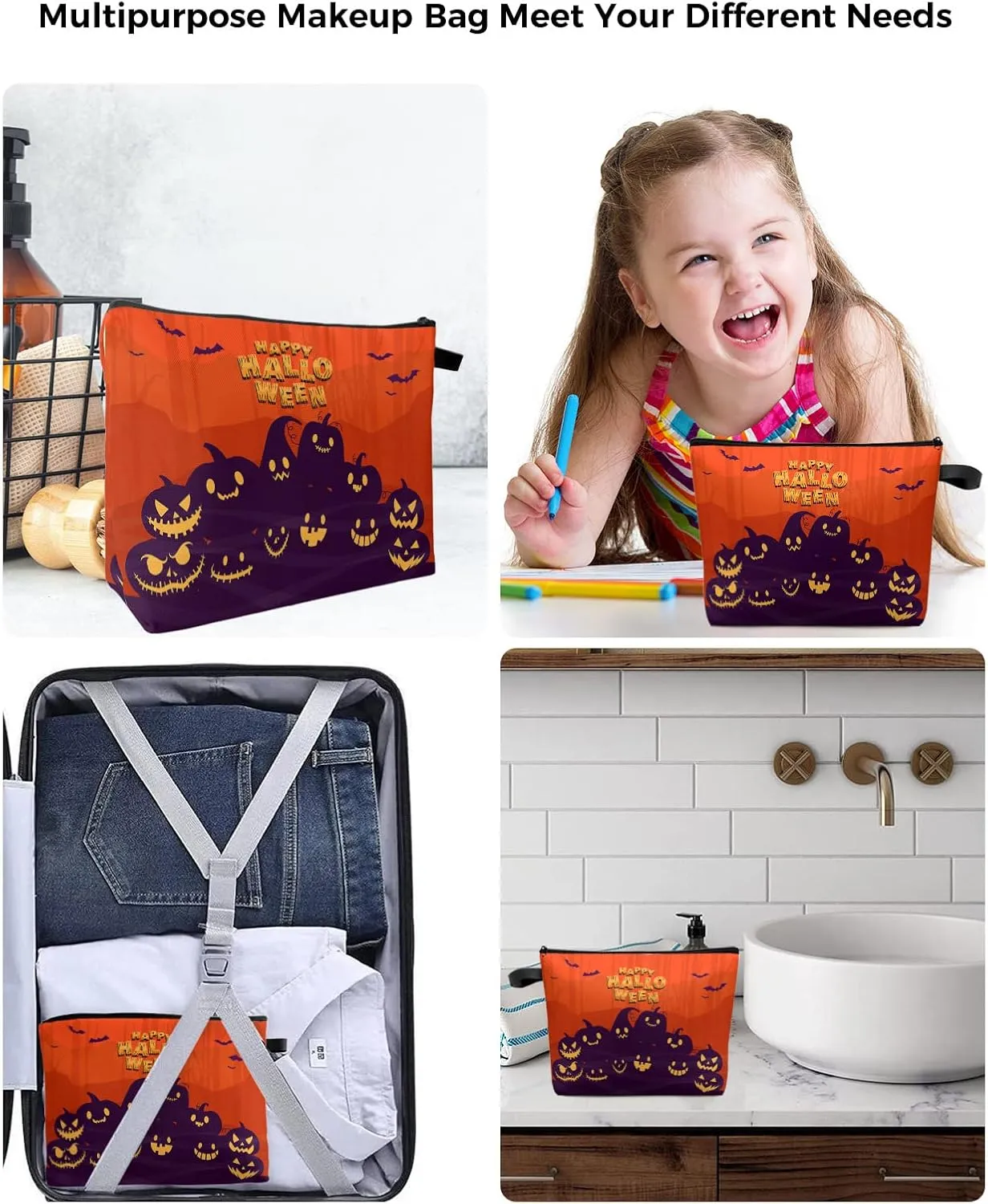 Happy Halloween Pumpkin Carving Bats Silhouettes Cosmetic Bags for Women, Red Orange Purple Small Makeup Bag for Purse, Waterproof Travel Toiletry Bag Accessories Organizer, 2PCS
