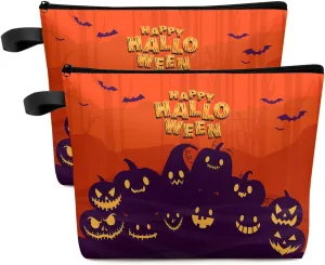 Happy Halloween Pumpkin Carving Bats Silhouettes Cosmetic Bags for Women, Red Orange Purple Small Makeup Bag for Purse, Waterproof Travel Toiletry Bag Accessories Organizer, 2PCS
