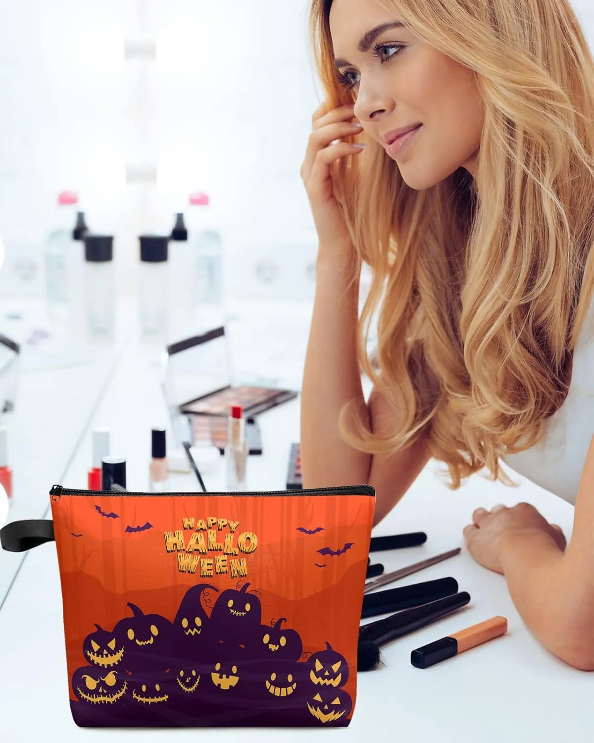 Happy Halloween Pumpkin Carving Bats Silhouettes Cosmetic Bags for Women, Red Orange Purple Small Makeup Bag for Purse, Waterproof Travel Toiletry Bag Accessories Organizer, 2PCS