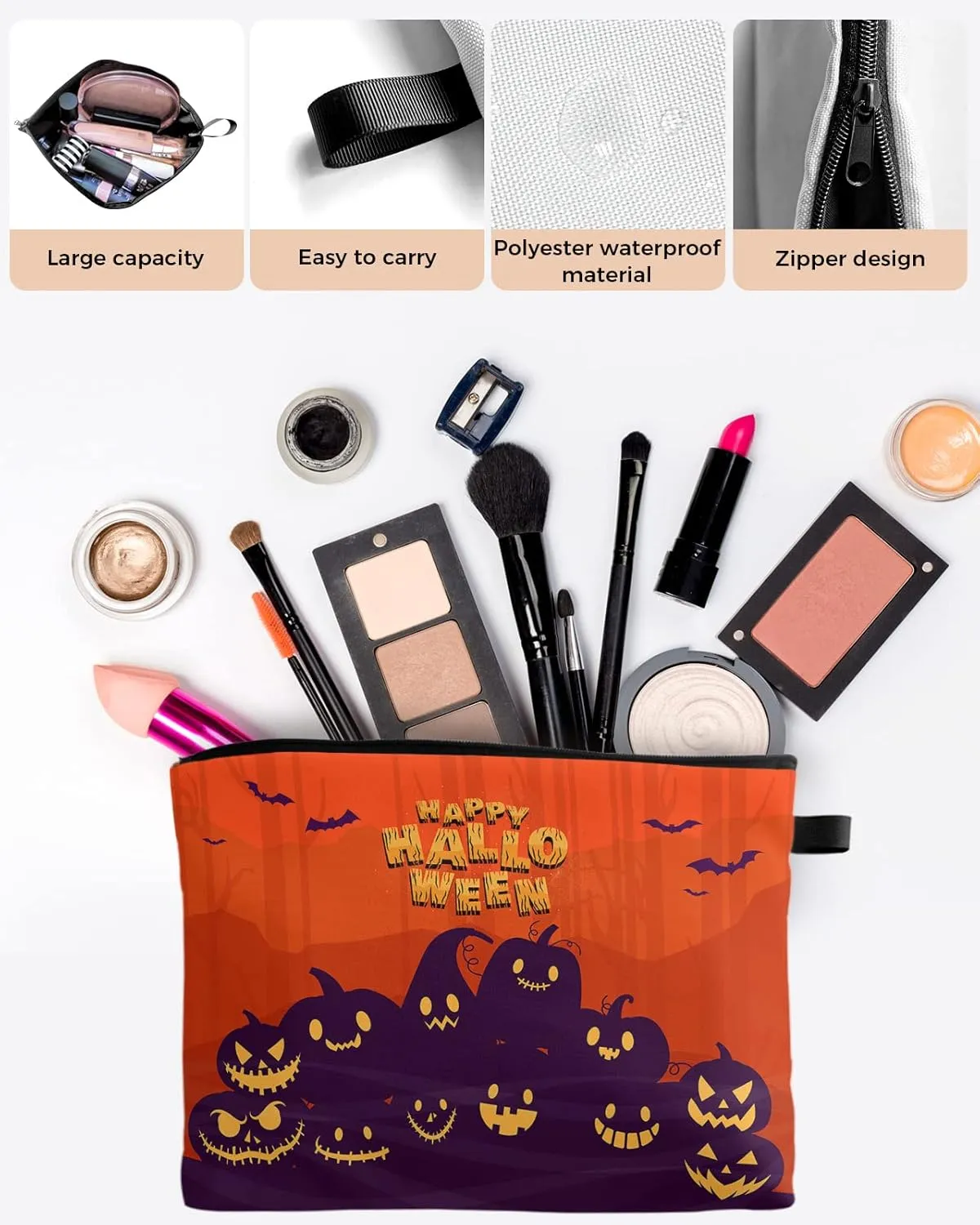Happy Halloween Pumpkin Carving Bats Silhouettes Cosmetic Bags for Women, Red Orange Purple Small Makeup Bag for Purse, Waterproof Travel Toiletry Bag Accessories Organizer, 2PCS