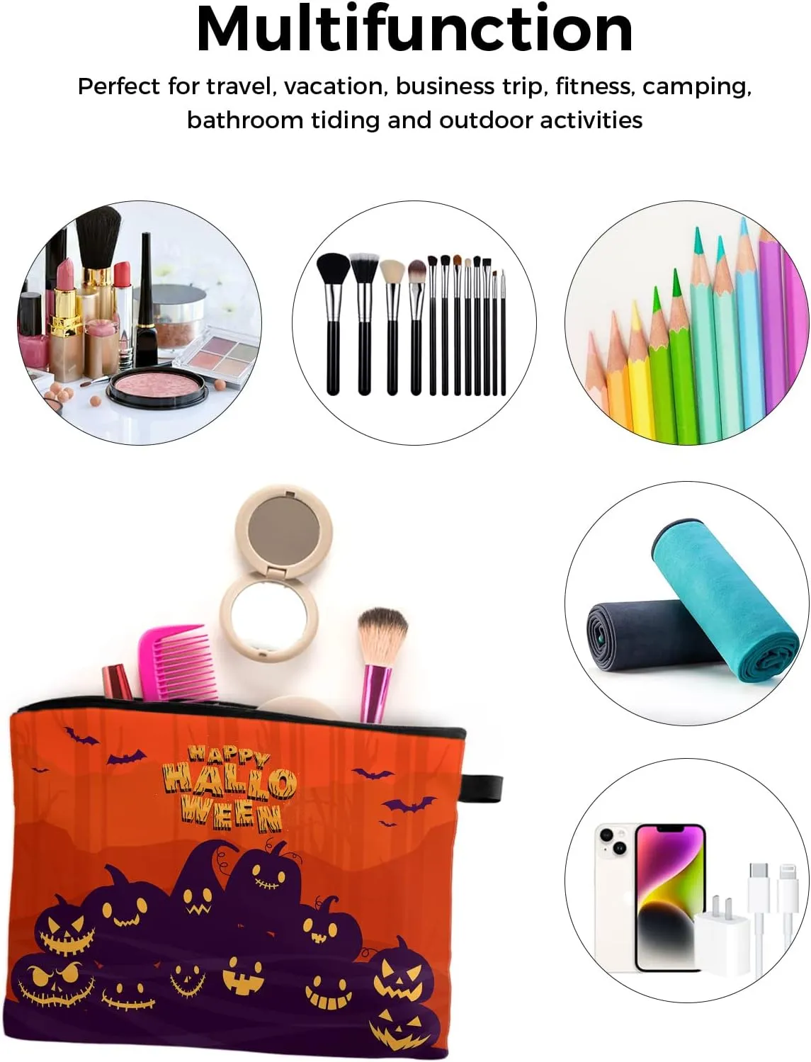 Happy Halloween Pumpkin Carving Bats Silhouettes Cosmetic Bags for Women, Red Orange Purple Small Makeup Bag for Purse, Waterproof Travel Toiletry Bag Accessories Organizer, 2PCS