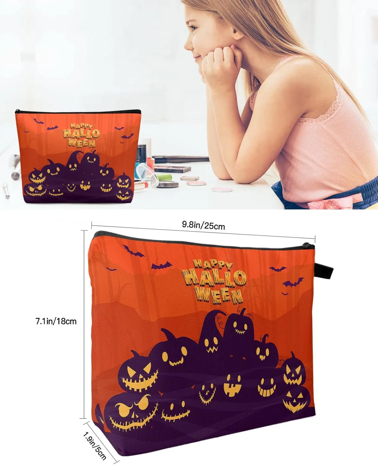 Happy Halloween Pumpkin Carving Bats Silhouettes Cosmetic Bags for Women, Red Orange Purple Small Makeup Bag for Purse, Waterproof Travel Toiletry Bag Accessories Organizer, 2PCS