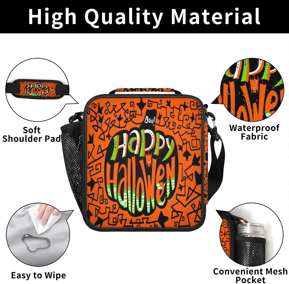 Happy Halloween Topic Lunch Bag for Women Men Adult Insulated Leakproof Lunch Box with Shoulder Belt Reusable Thermal Cooler Lunch Tote Bags for Work Office Picnic Travel