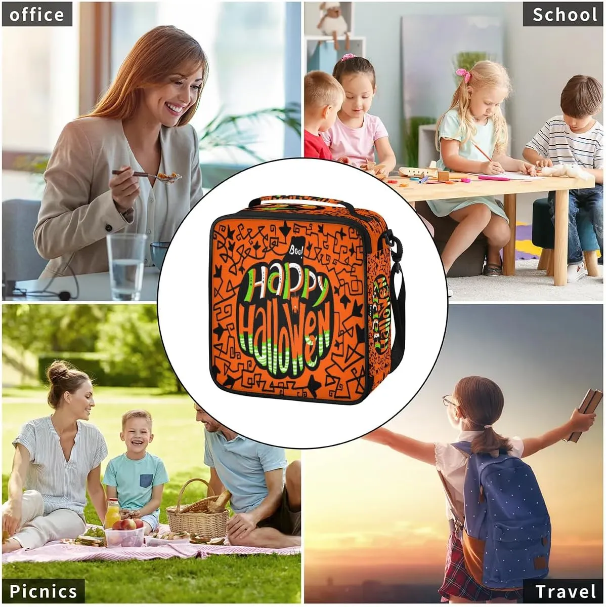 Happy Halloween Topic Lunch Bag for Women Men Adult Insulated Leakproof Lunch Box with Shoulder Belt Reusable Thermal Cooler Lunch Tote Bags for Work Office Picnic Travel