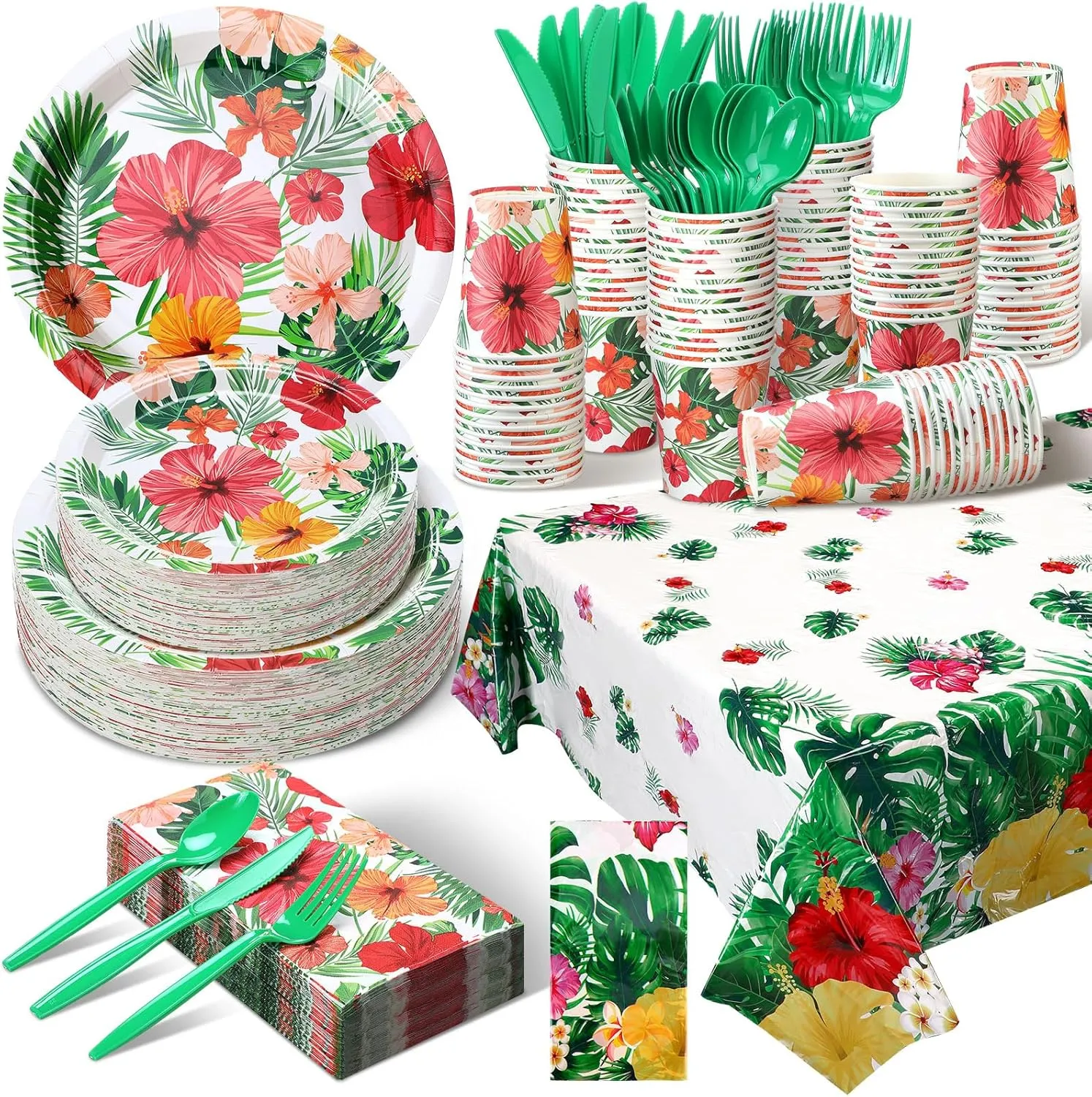 Havawish 402 Pcs Hawaiian Floral Paper Plates and Napkins Spring Summer Disposable Dinnerware Set for 50 Guests Flower Party Supplies Floral Plates Napkins Cups Tablecloths for Birthday Baby Shower
