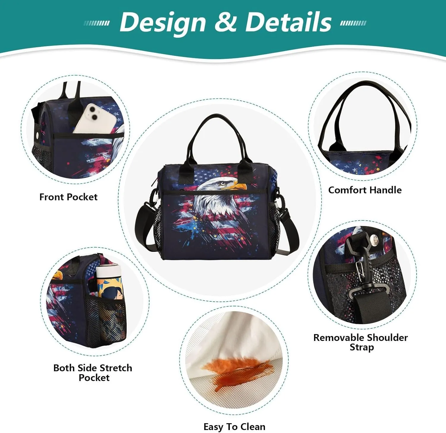 Hawk Flag Navy Lunch Bag for Women Insulated Lunch Box Container with Adjustable Shoulder Strap for Men Picnic S