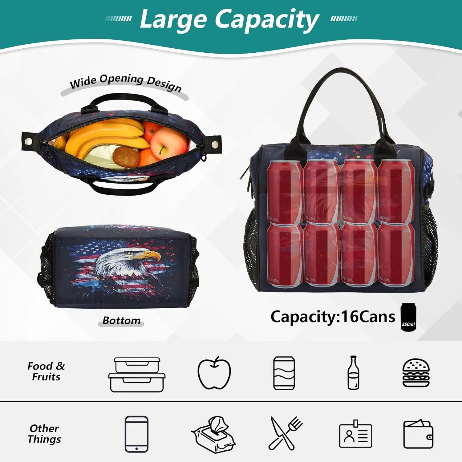Hawk Flag Navy Lunch Bag for Women Insulated Lunch Box Container with Adjustable Shoulder Strap for Men Picnic S