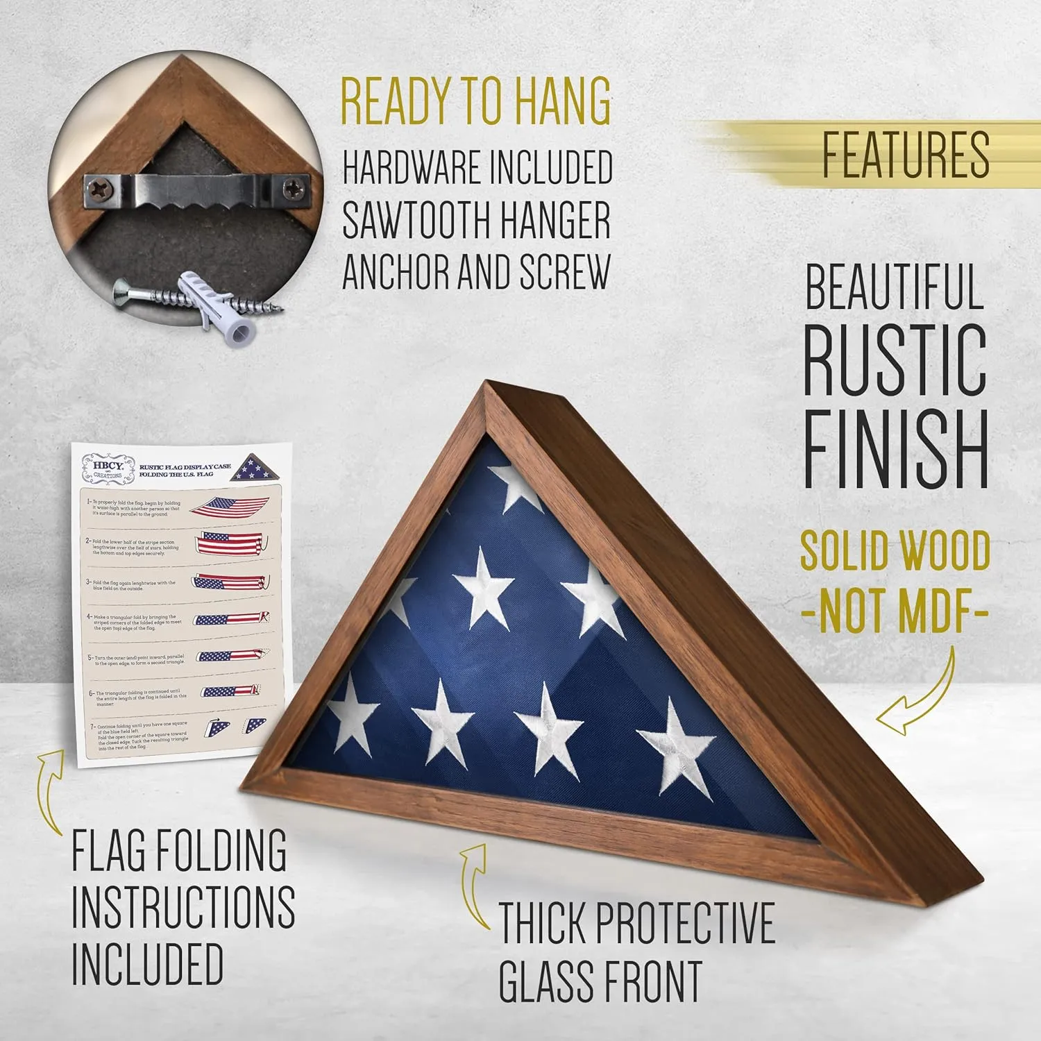 HBCY Creations Flag Display Case for 5' x 9.5' American Veteran Burial Solid Wood Rustic Brown Frame with Glass Front Wall Mount or Standing Display, Box