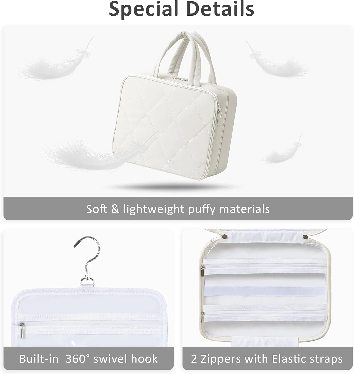 HBlife Travel Toiletry Bag with Jewelry Organizer for Women, Puffy Hanging Travel Bag for Toiletries with Trolley Belt, Waterproof Makeup Cosmetic Bag, Carry-on Travel Accessories Essentials(Beige, M)