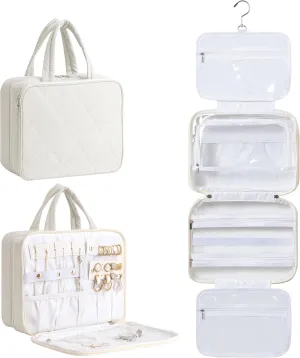 HBlife Travel Toiletry Bag with Jewelry Organizer for Women, Puffy Hanging Travel Bag for Toiletries with Trolley Belt, Waterproof Makeup Cosmetic Bag, Carry-on Travel Accessories Essentials(Beige, M)