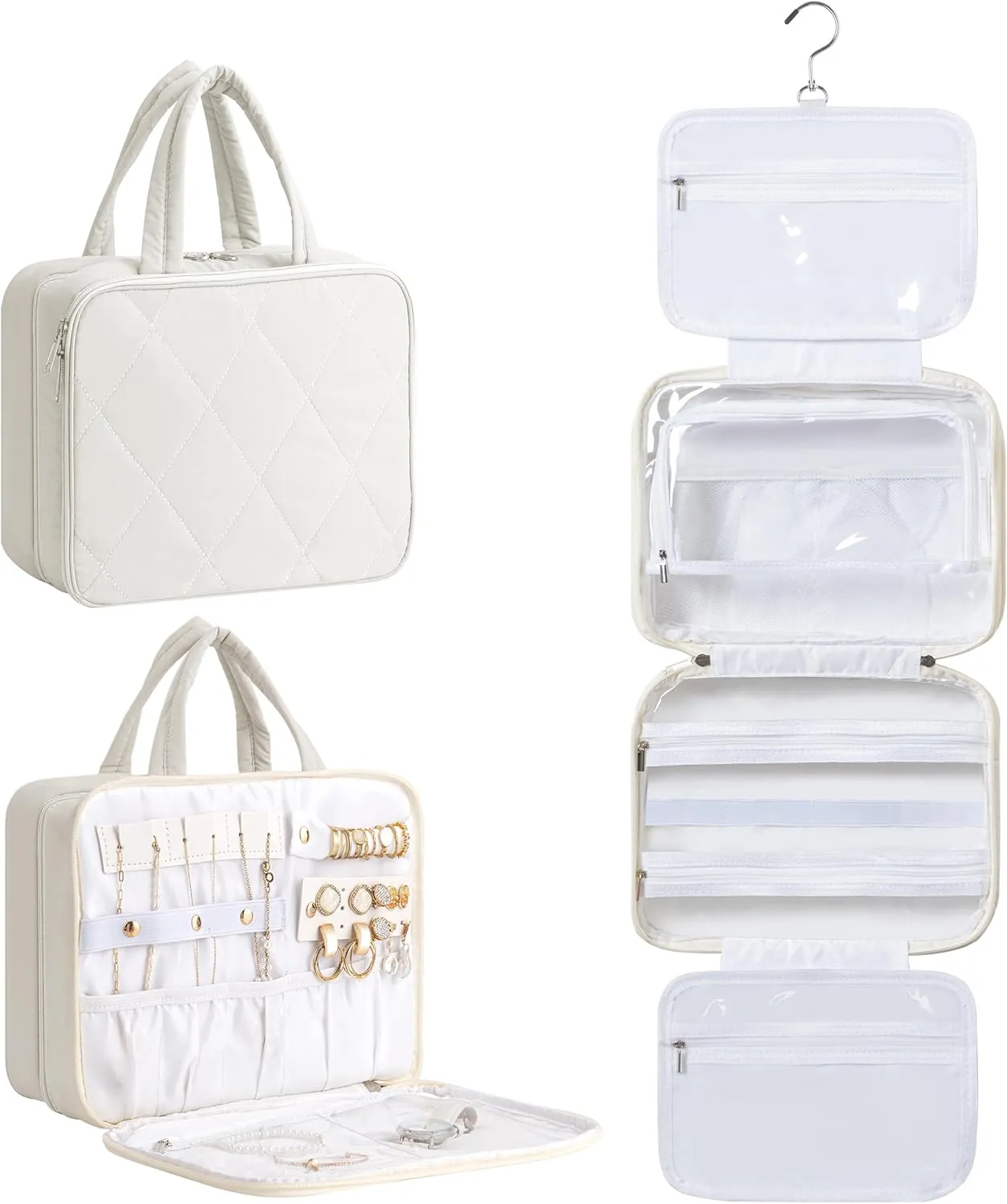 HBlife Travel Toiletry Bag with Jewelry Organizer for Women, Puffy Hanging Travel Bag for Toiletries with Trolley Belt, Waterproof Makeup Cosmetic Bag, Carry-on Travel Accessories Essentials(Beige, M)