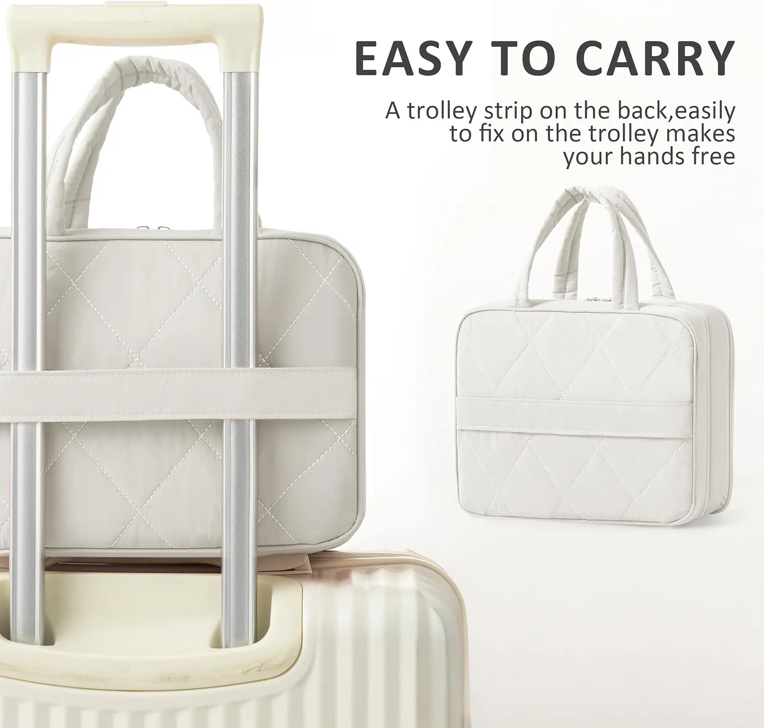HBlife Travel Toiletry Bag with Jewelry Organizer for Women, Puffy Hanging Travel Bag for Toiletries with Trolley Belt, Waterproof Makeup Cosmetic Bag, Carry-on Travel Accessories Essentials(Beige, M)