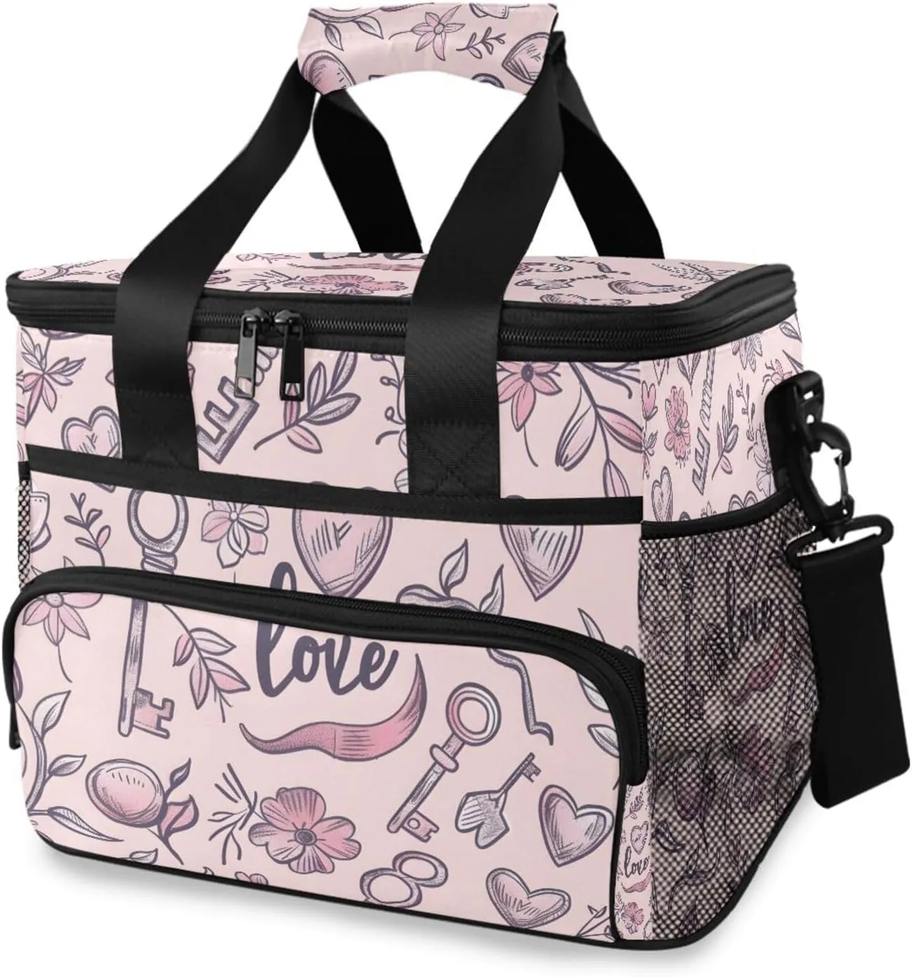 Hearts Flowers Love Flower Cooler Bag Insulated Cooler Soft Sided Cooler 24 Can Portable Picnic Bag Large Leakproof Lunch Bag Box for Beach Grocery Camping Travel Car Men Women