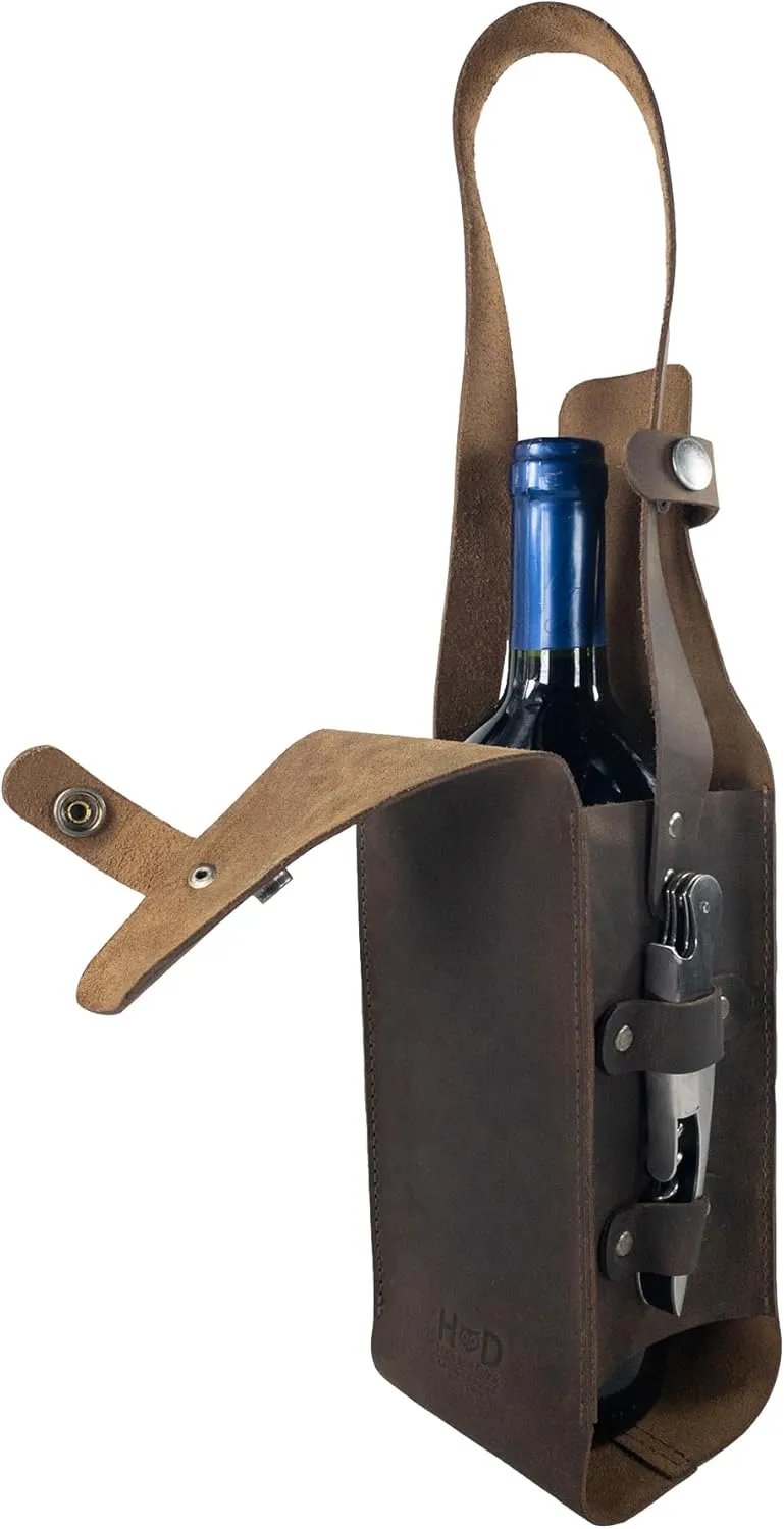 Hide & Drink, Single Bottle Wine Riveted Carrier, Handmade from Full Grain Leather - Bourbon Brown