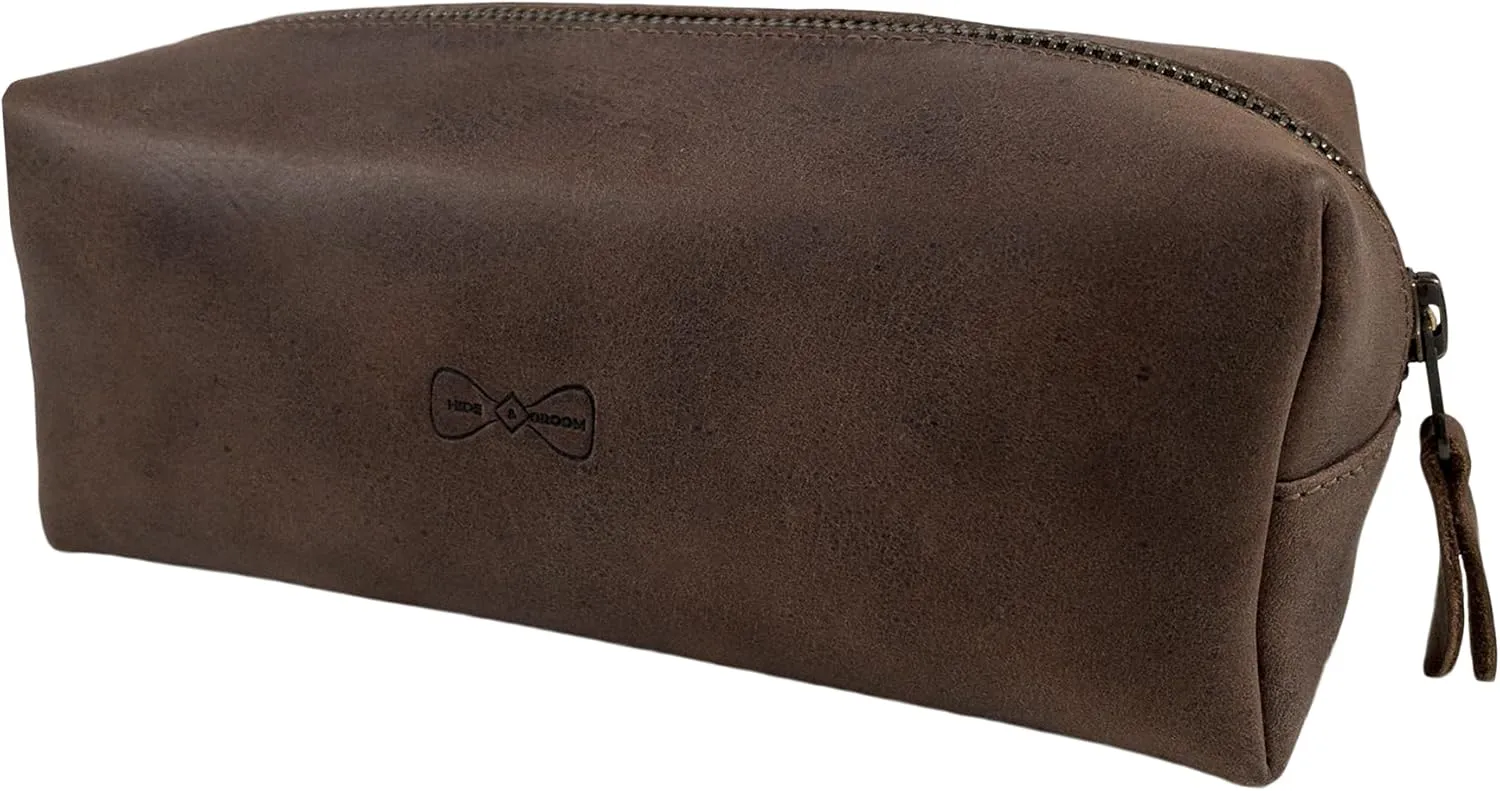 Hide & Groom, Toiletry Bag for Groomsmen, Best Men, Bachelors, Wedding Ceremonies, Shaving Kit Storage, Bathroom Bag, Full Grain Leather, Handmade, Bourbon Brown
