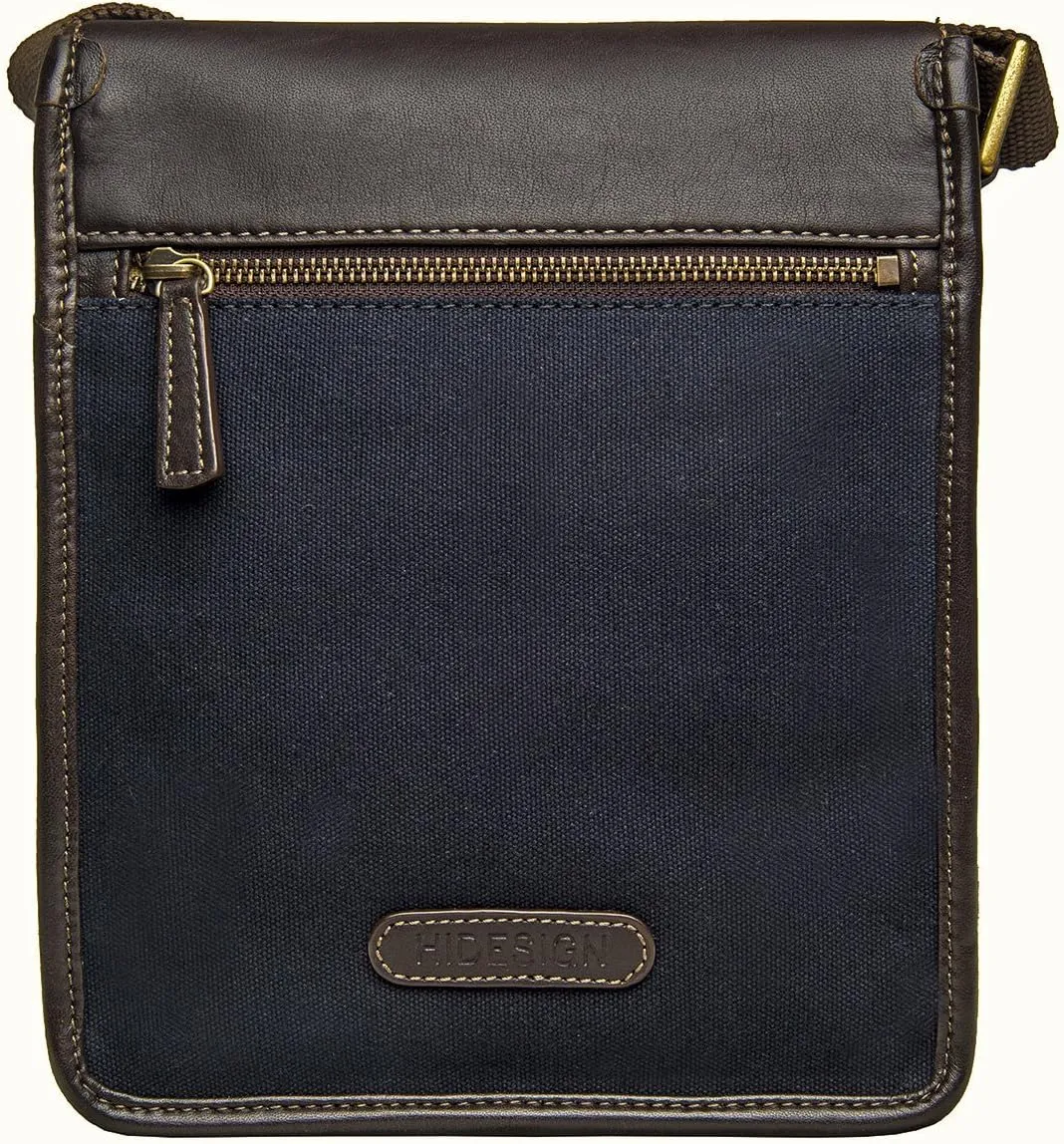 Hidesign Aiden Genuine Leather and Canvas Mini Crossbody Men/Women Messenger Bag / Travel Bag / 10.5" iPad Bag, Blue