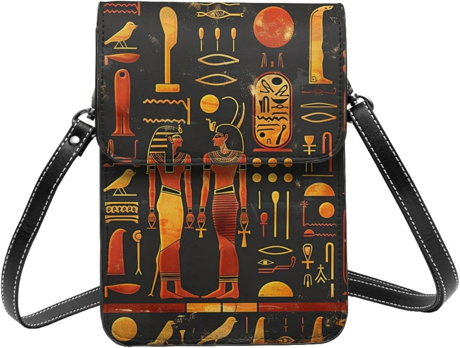 hieroglyphs ancient Egyptian Pharaoh birds black gold Leather Small Crossbody Bags for Women Cell Phone Bag Wallet Purses with Adjustable Strap
