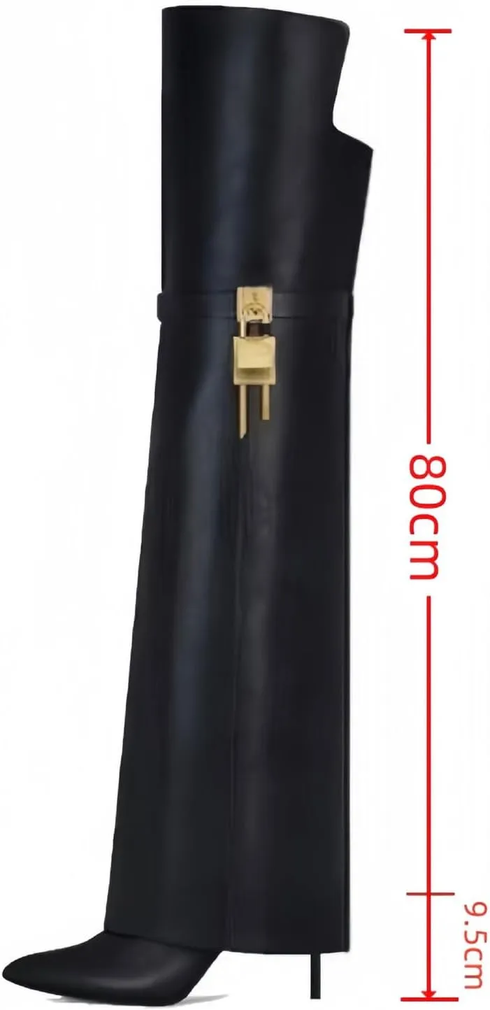 High Heels Women Fold Over Boots Pointed Toe Stiletto Knee Boots Leather Pumps Slip On Party Dress Shoes