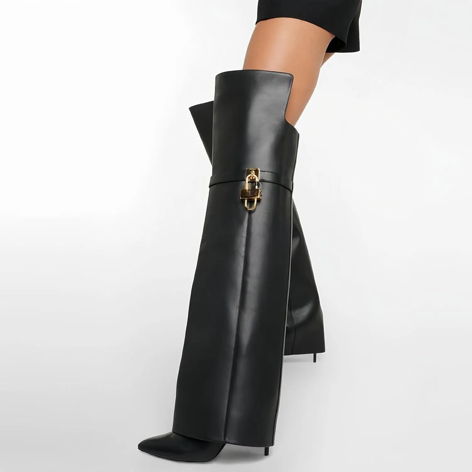 High Heels Women Fold Over Boots Pointed Toe Stiletto Knee Boots Leather Pumps Slip On Party Dress Shoes