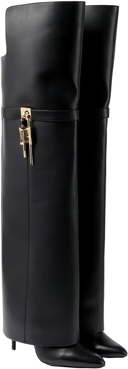 High Heels Women Fold Over Boots Pointed Toe Stiletto Knee Boots Leather Pumps Slip On Party Dress Shoes