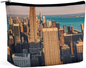 High Rise Buildings Skyscrapers Makeup Bag for Women PU Leather Waterproof Cosmetic Bag with Zipper Portable Travel Makeup Organizer