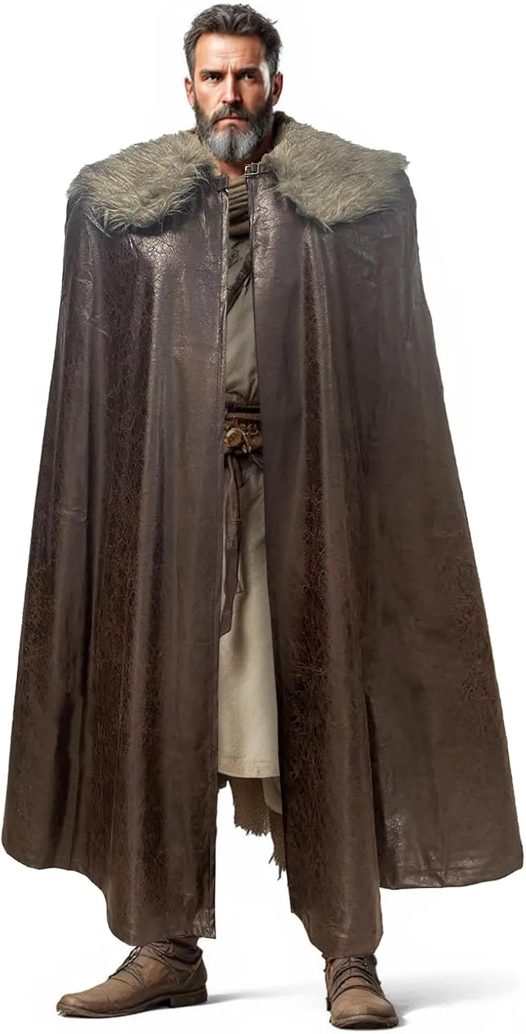 HiiFeuer Medieval Barbarian Cloak with Artificial Fur Shawl, Wrap Collar Viking Warrior Cape, Renaissance Role Play Costume