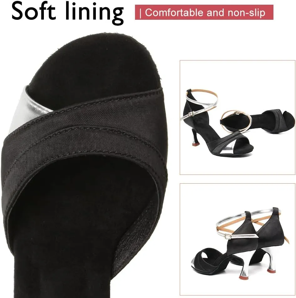HIPPOSEUS Women's Satin Latin Dance Shoes Professional Ballroom Salsa Practice Performance Dance Shoes with High Heel