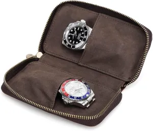 Hiram Watch Bracelet Storage Bag Case Leather 2 Pieces, Portable Travel Watch Genuine Leather Pouch, Watch Bag Leather for Couple Watches 2 Pieces(Coffee)