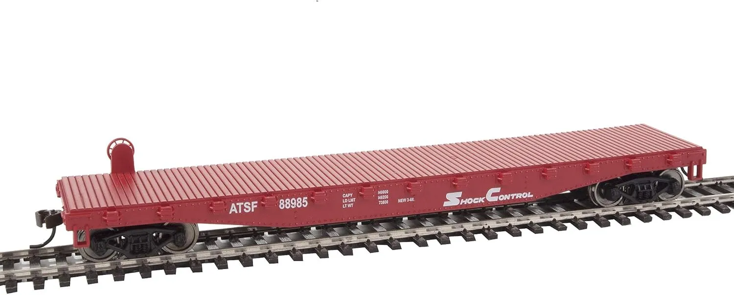 HO Scale Model Flatcar - Ready to Run - Atchison, Topeka & Santa Fe #88985 (Red, White)