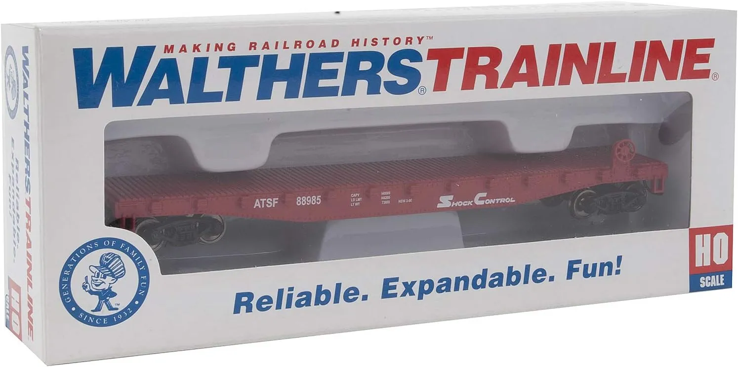 HO Scale Model Flatcar - Ready to Run - Atchison, Topeka & Santa Fe #88985 (Red, White)