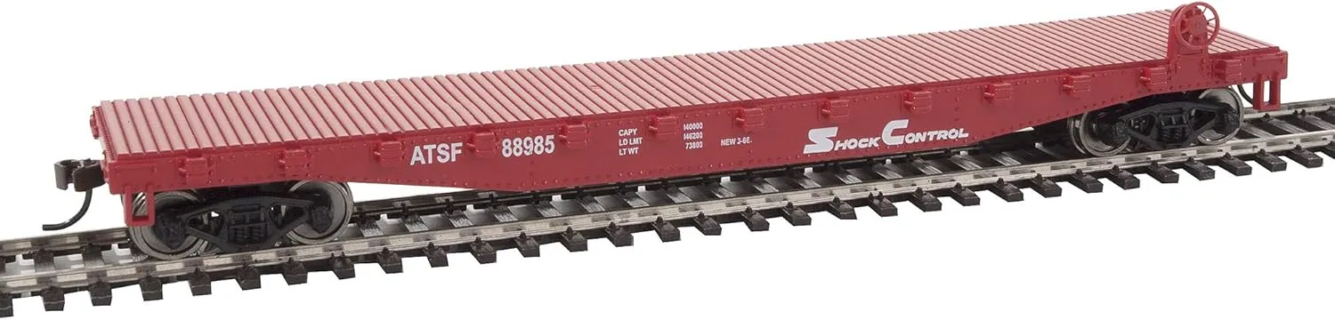 HO Scale Model Flatcar - Ready to Run - Atchison, Topeka & Santa Fe #88985 (Red, White)