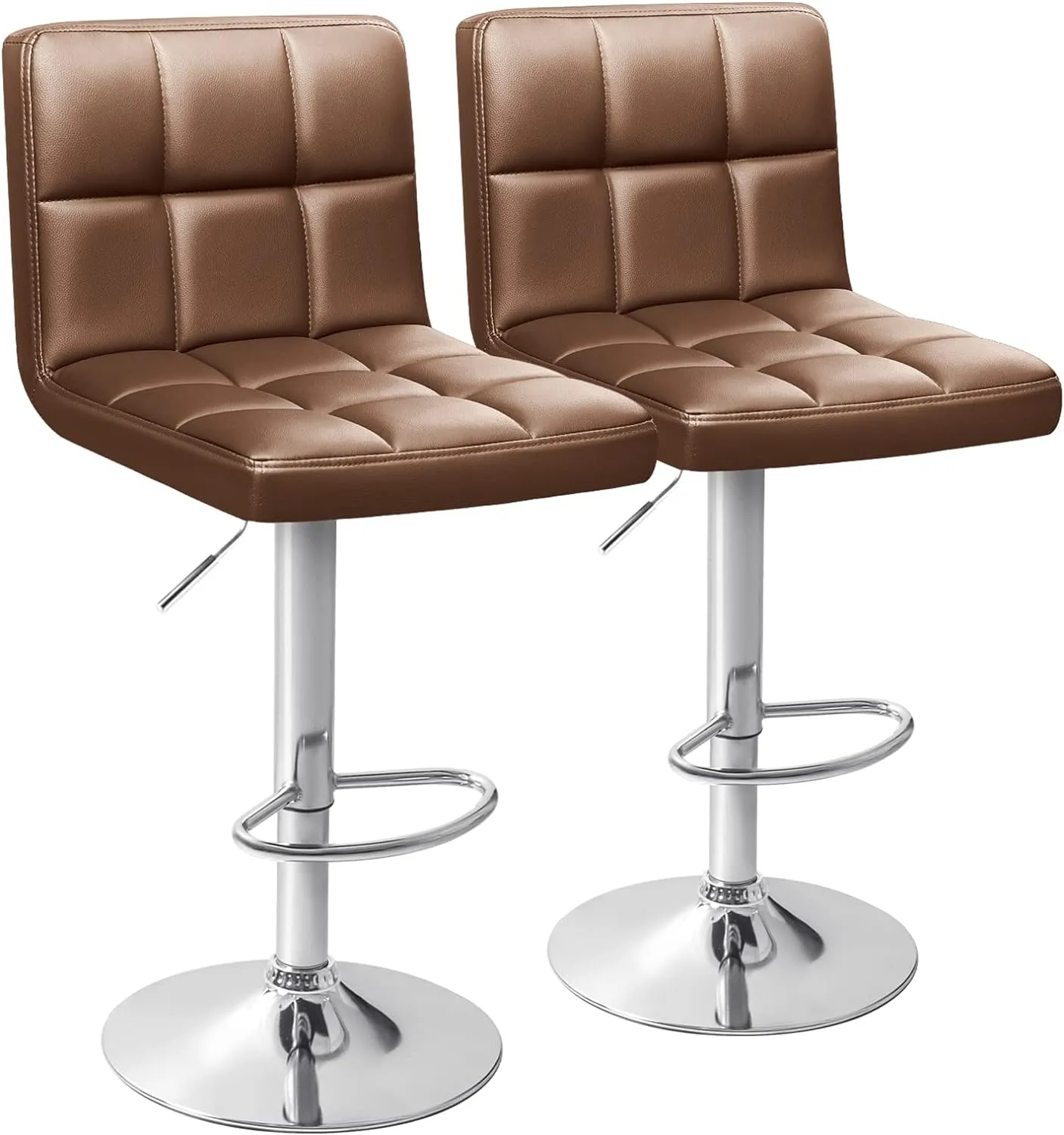 Homall Bar Stools Modern PU Leather Adjustable Swivel Barstools, Armless Hydraulic Kitchen Counter Bar Stool Extra Height Square Island Barstool with Back Set of 2 (Leather, Brown)