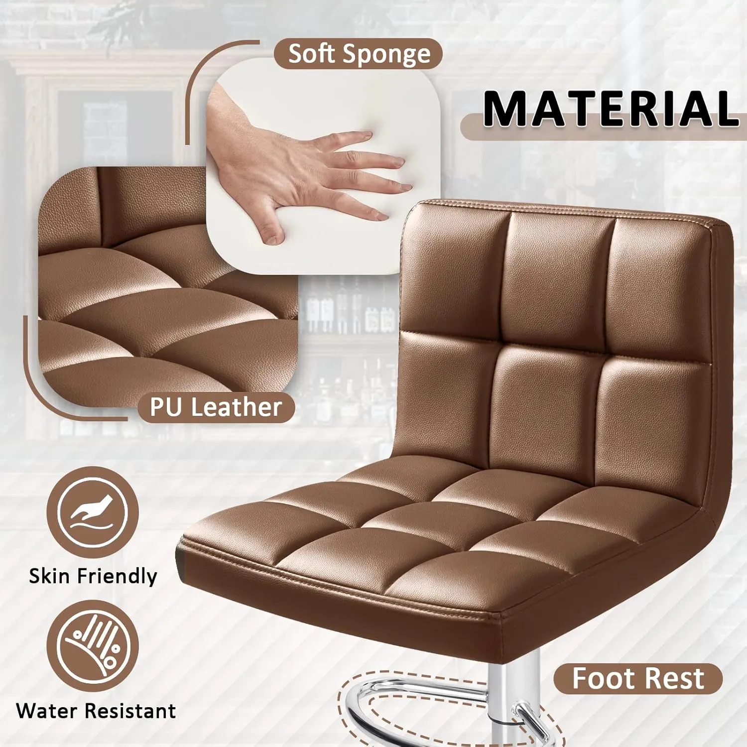 Homall Bar Stools Modern PU Leather Adjustable Swivel Barstools, Armless Hydraulic Kitchen Counter Bar Stool Extra Height Square Island Barstool with Back Set of 2 (Leather, Brown)