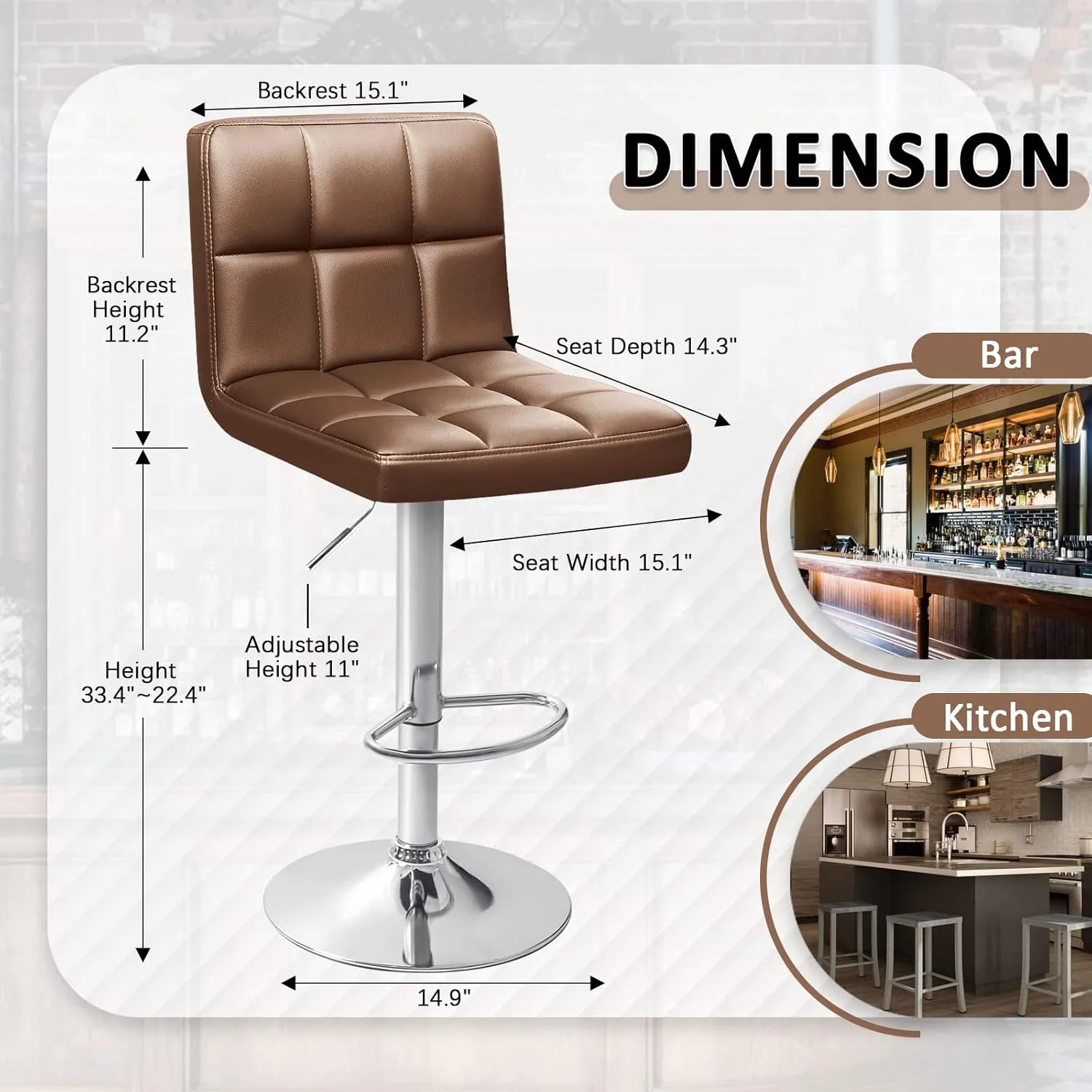 Homall Bar Stools Modern PU Leather Adjustable Swivel Barstools, Armless Hydraulic Kitchen Counter Bar Stool Extra Height Square Island Barstool with Back Set of 2 (Leather, Brown)