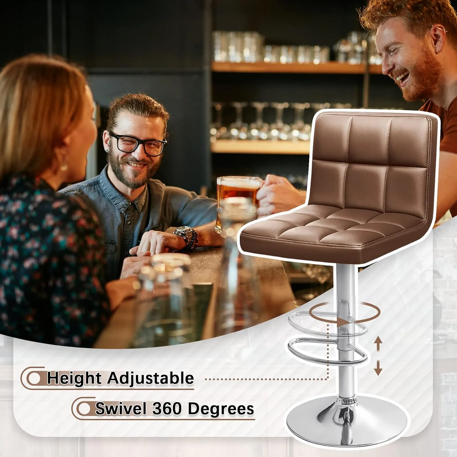 Homall Bar Stools Modern PU Leather Adjustable Swivel Barstools, Armless Hydraulic Kitchen Counter Bar Stool Extra Height Square Island Barstool with Back Set of 2 (Leather, Brown)