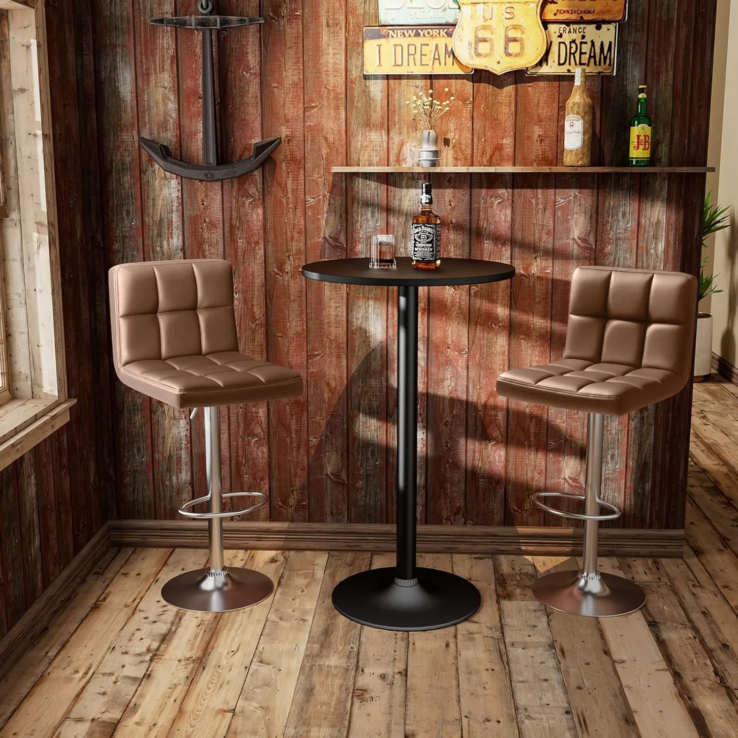 Homall Bar Stools Modern PU Leather Adjustable Swivel Barstools, Armless Hydraulic Kitchen Counter Bar Stool Extra Height Square Island Barstool with Back Set of 2 (Leather, Brown)