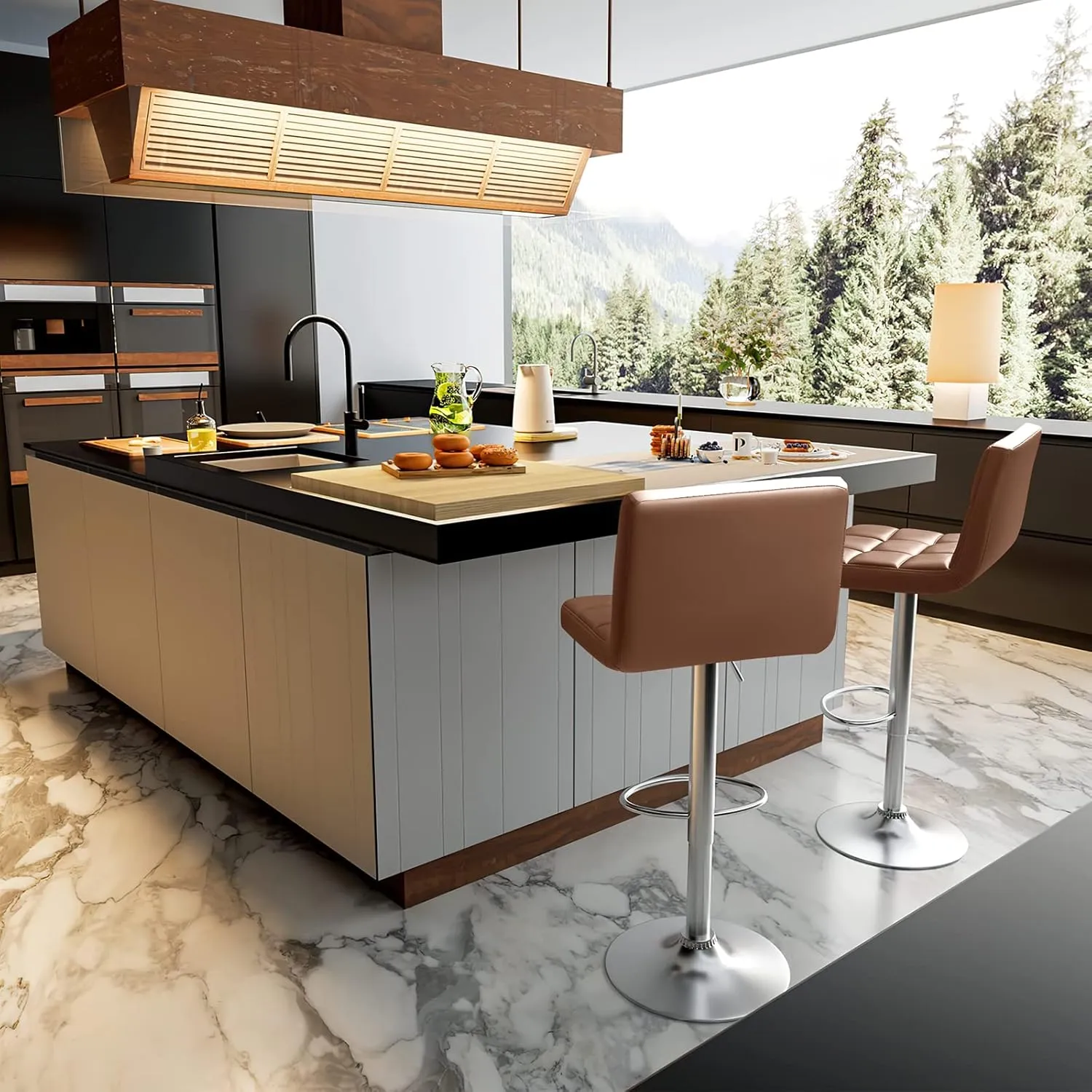 Homall Bar Stools Modern PU Leather Adjustable Swivel Barstools, Armless Hydraulic Kitchen Counter Bar Stool Extra Height Square Island Barstool with Back Set of 2 (Leather, Brown)