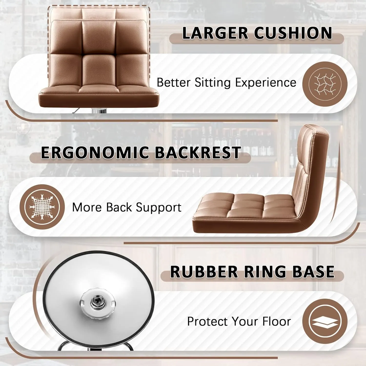 Homall Bar Stools Modern PU Leather Adjustable Swivel Barstools, Armless Hydraulic Kitchen Counter Bar Stool Extra Height Square Island Barstool with Back Set of 2 (Leather, Brown)