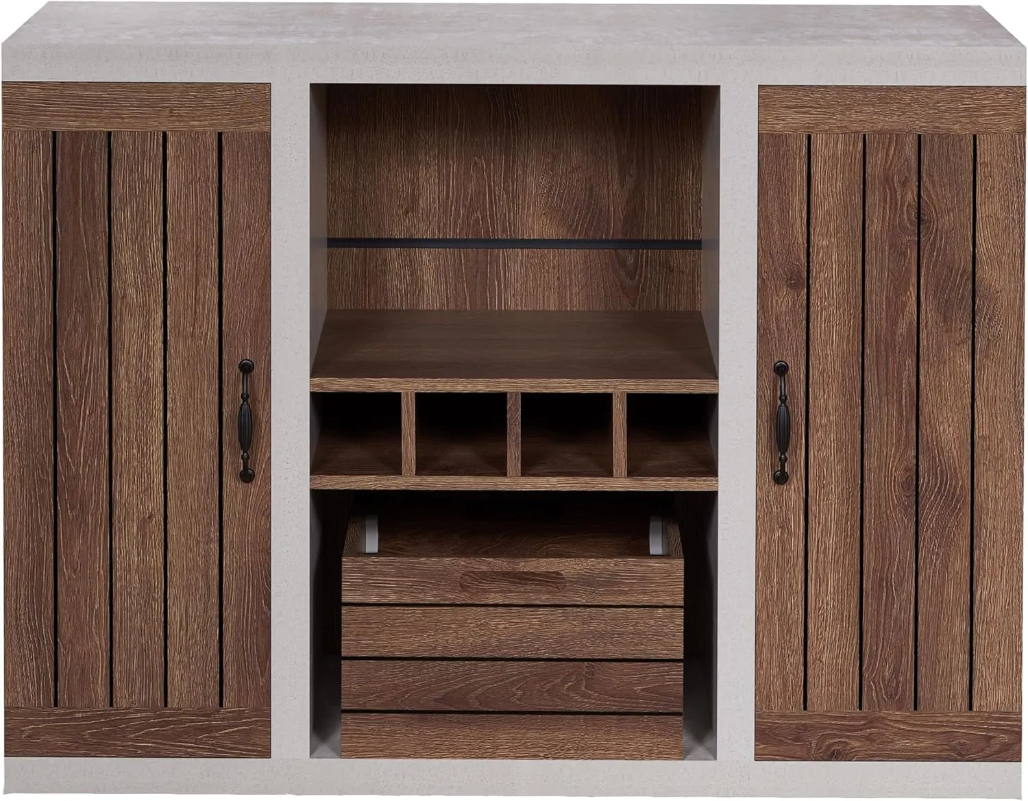 HOMES: Inside   Out Cato Industrial Two-Tone Buffet with Open Shelf, Wine Bottle Holder, Slatted Drawer and Cabinets, Distressed Walnut and Cement