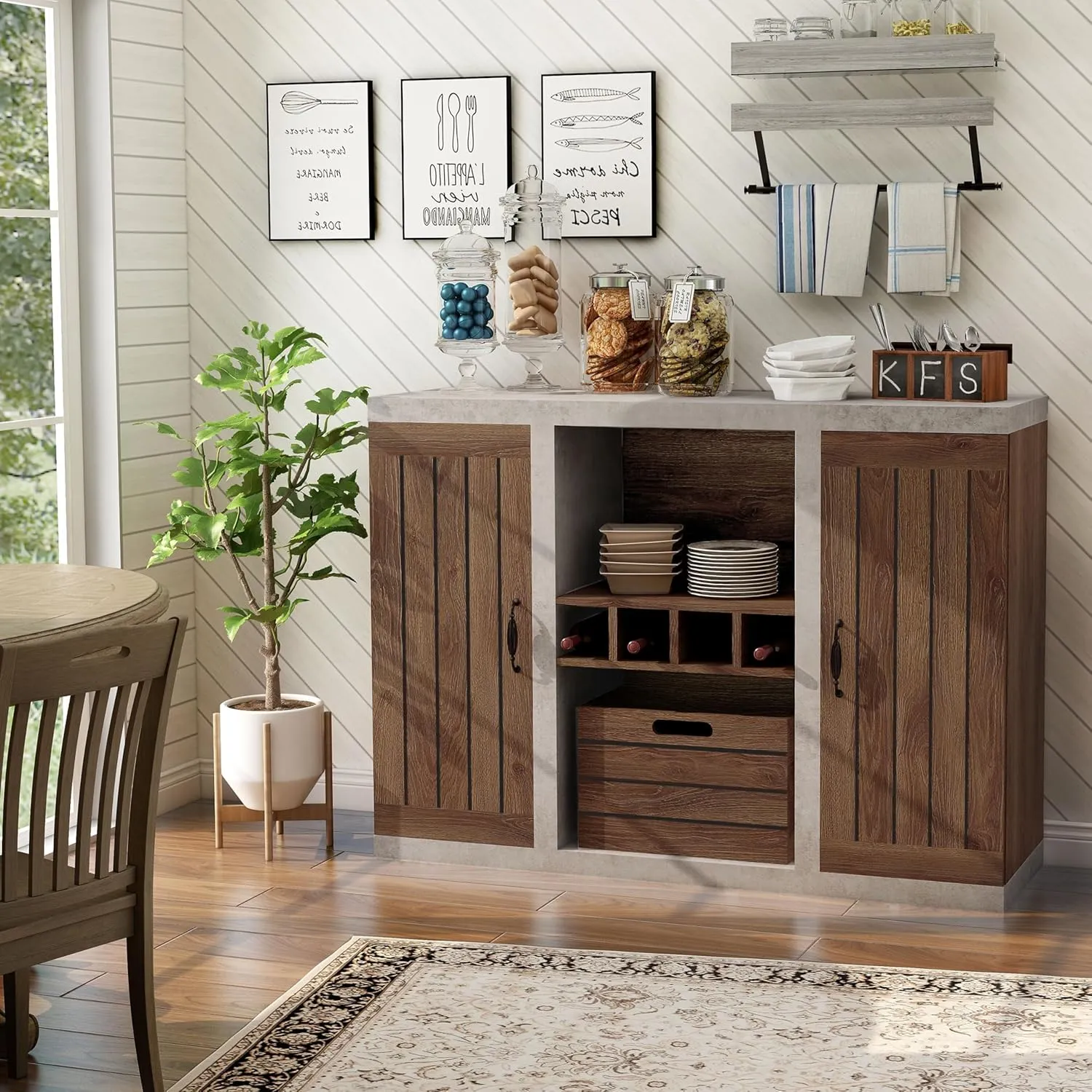 HOMES: Inside   Out Cato Industrial Two-Tone Buffet with Open Shelf, Wine Bottle Holder, Slatted Drawer and Cabinets, Distressed Walnut and Cement