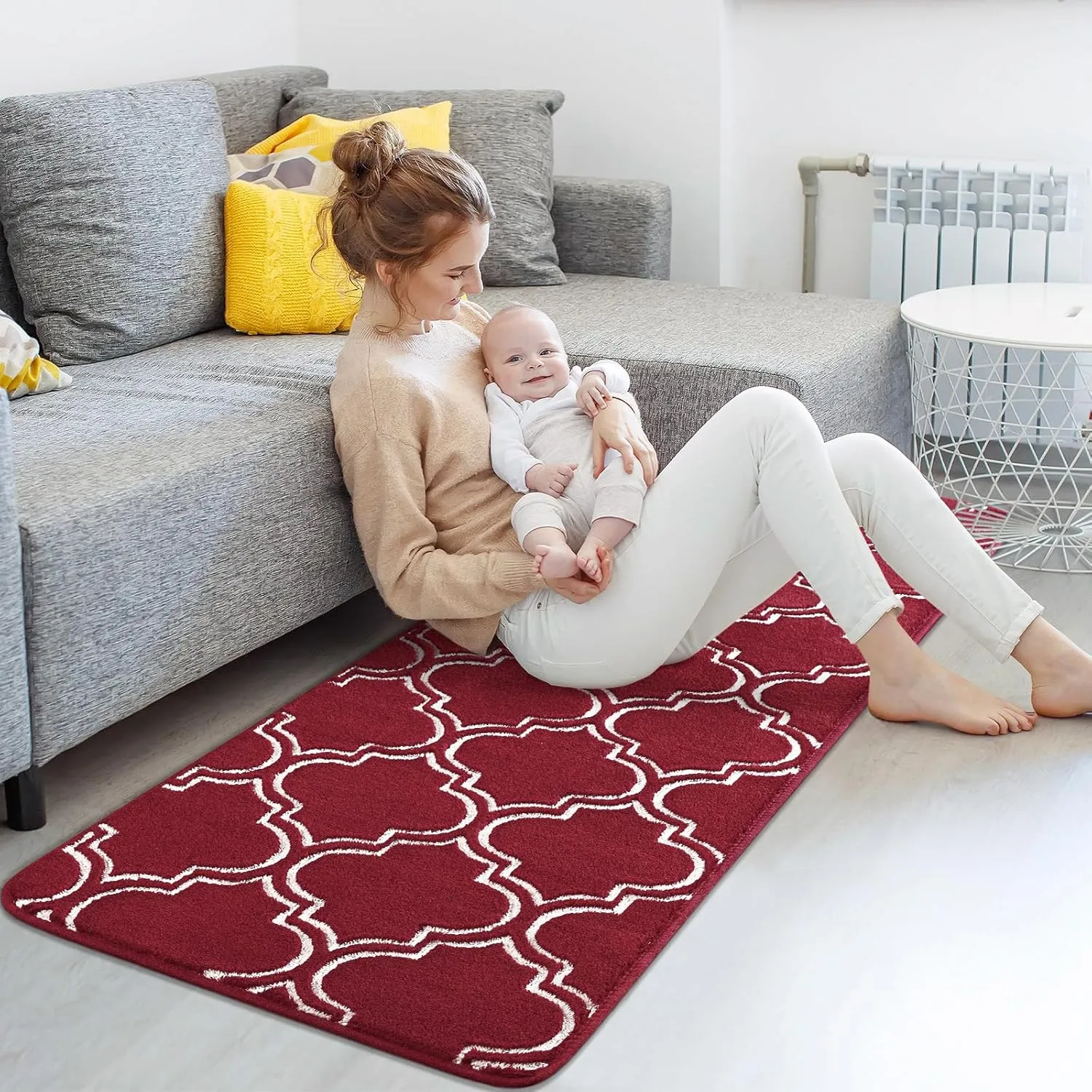 HOMORE 2x6 Runner Rug, Long Shag Area Rug for Bedroom Living Room Couch Hallyway, Super Soft Memory Foam Rugs for Kids Nursery Dorm, Wine Red/White