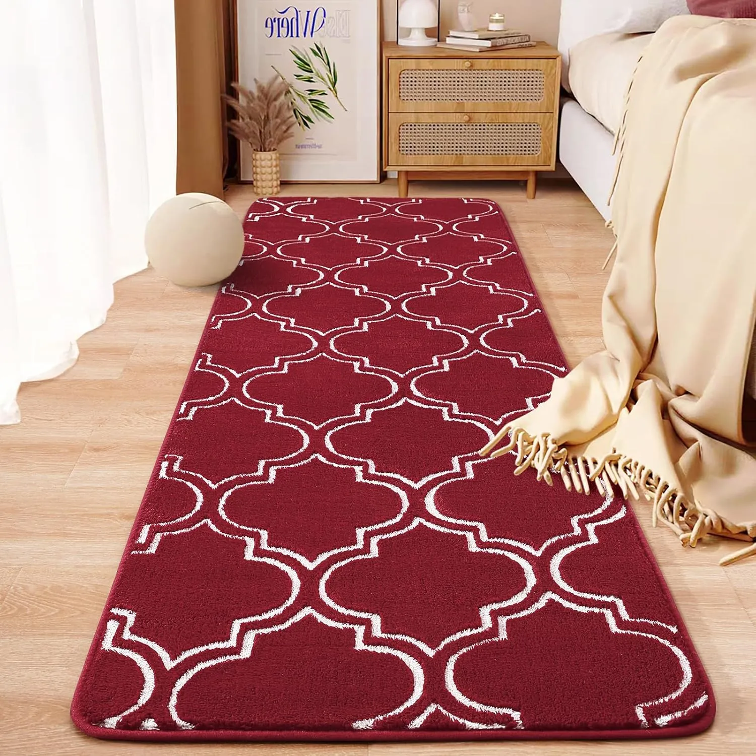 HOMORE 2x6 Runner Rug, Long Shag Area Rug for Bedroom Living Room Couch Hallyway, Super Soft Memory Foam Rugs for Kids Nursery Dorm, Wine Red/White