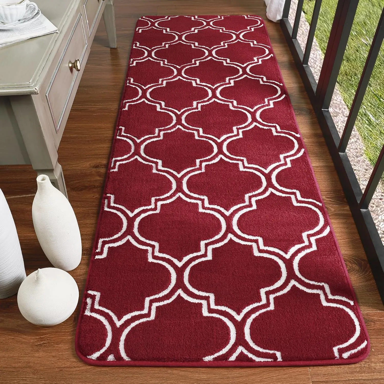 HOMORE 2x6 Runner Rug, Long Shag Area Rug for Bedroom Living Room Couch Hallyway, Super Soft Memory Foam Rugs for Kids Nursery Dorm, Wine Red/White