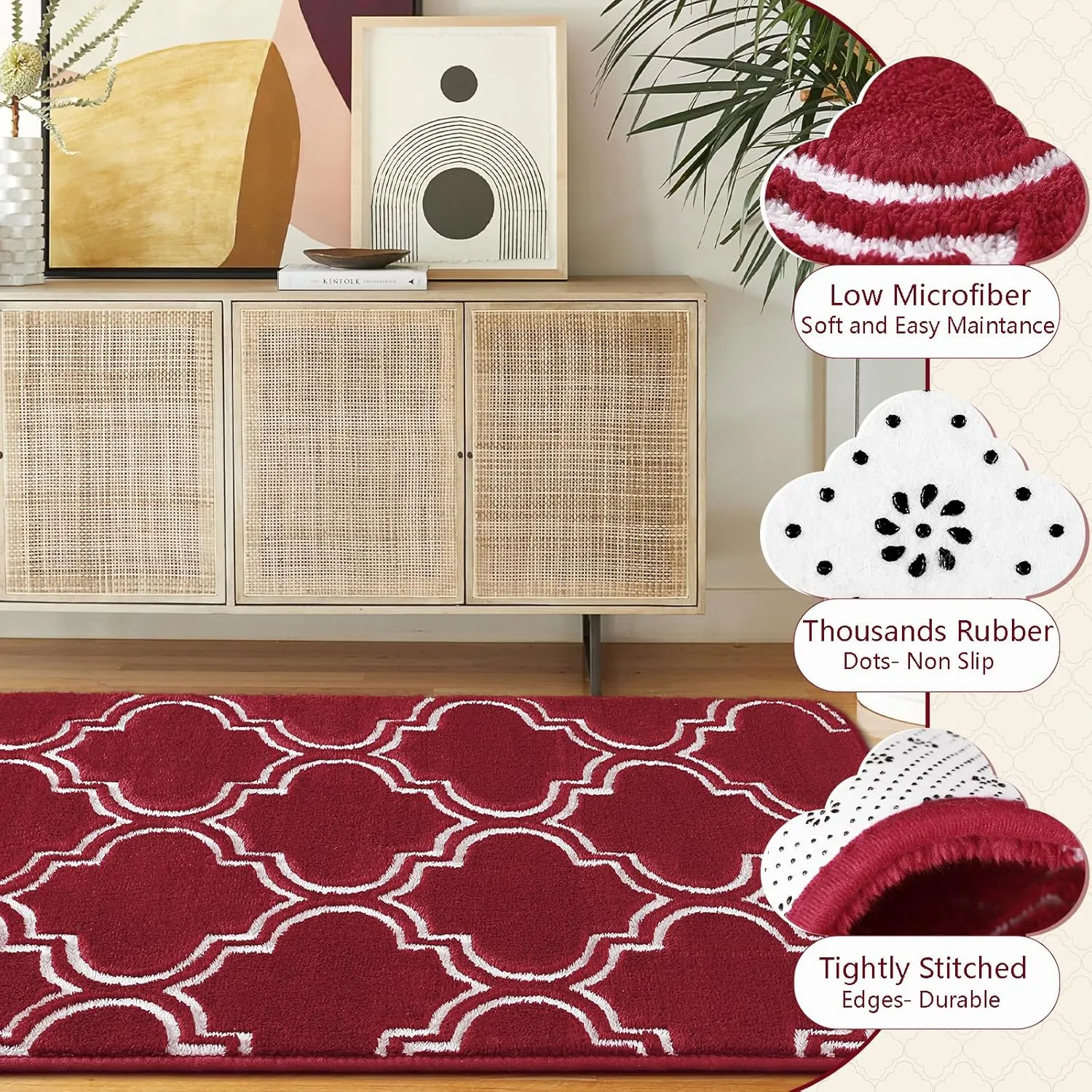HOMORE 2x6 Runner Rug, Long Shag Area Rug for Bedroom Living Room Couch Hallyway, Super Soft Memory Foam Rugs for Kids Nursery Dorm, Wine Red/White