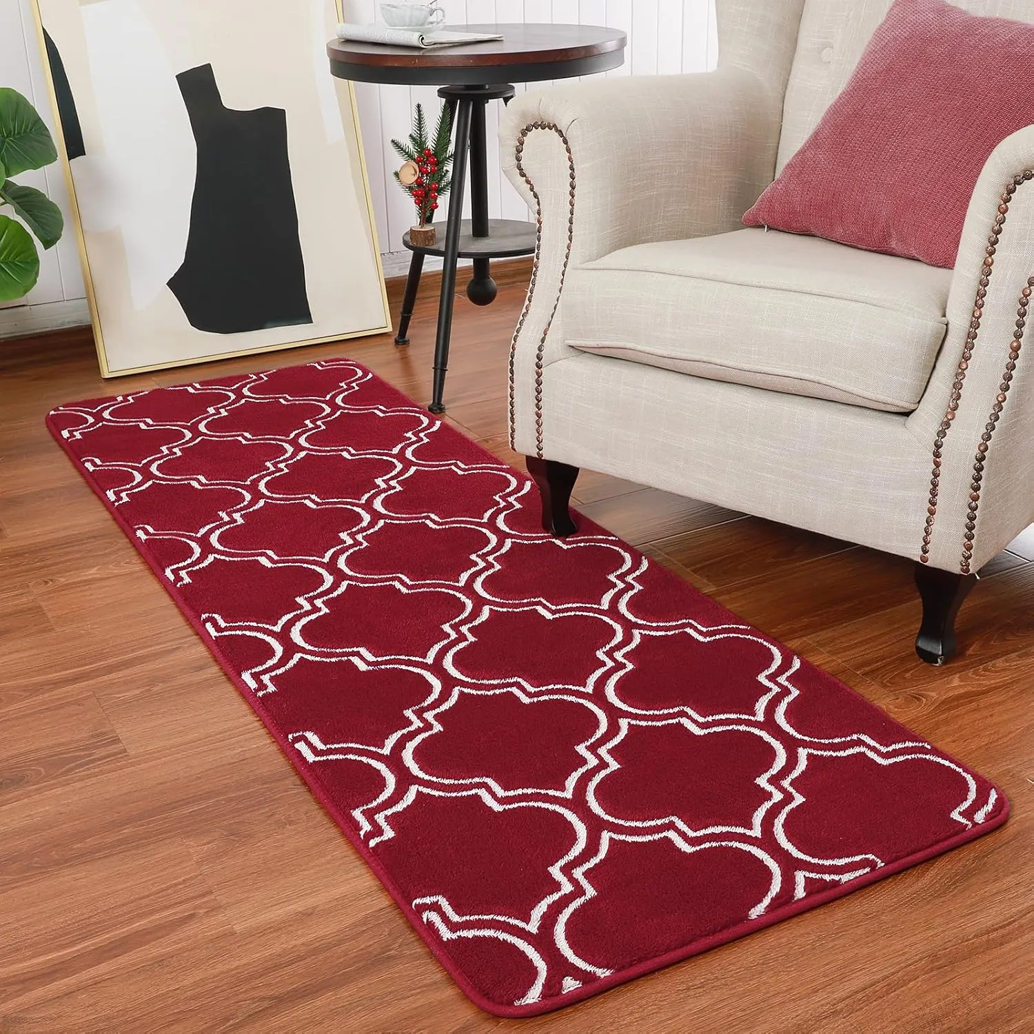 HOMORE 2x6 Runner Rug, Long Shag Area Rug for Bedroom Living Room Couch Hallyway, Super Soft Memory Foam Rugs for Kids Nursery Dorm, Wine Red/White