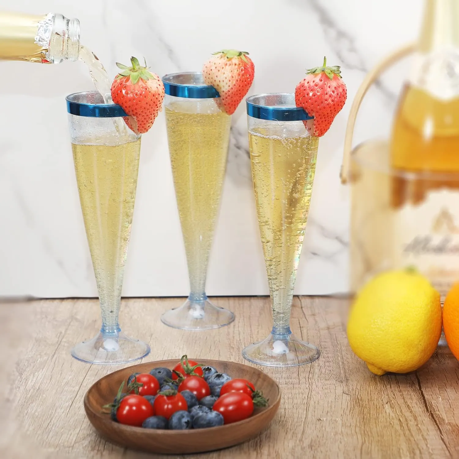 Homy Feel 5 OZ Blue Glitter Blue Rim Plastic Champagne Flutes 30 Pack, Disposable Wine Glasses for Party,Plastic Champagne Glasses Champagne Punch,Mimosa Bar Wedding Cups